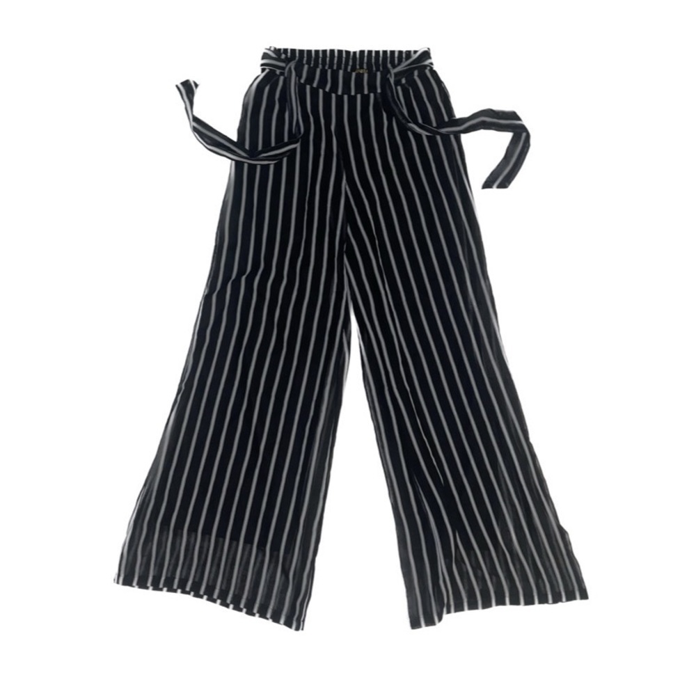 Revamped Flowey Vertical Striped Pants with Belt | Black and White